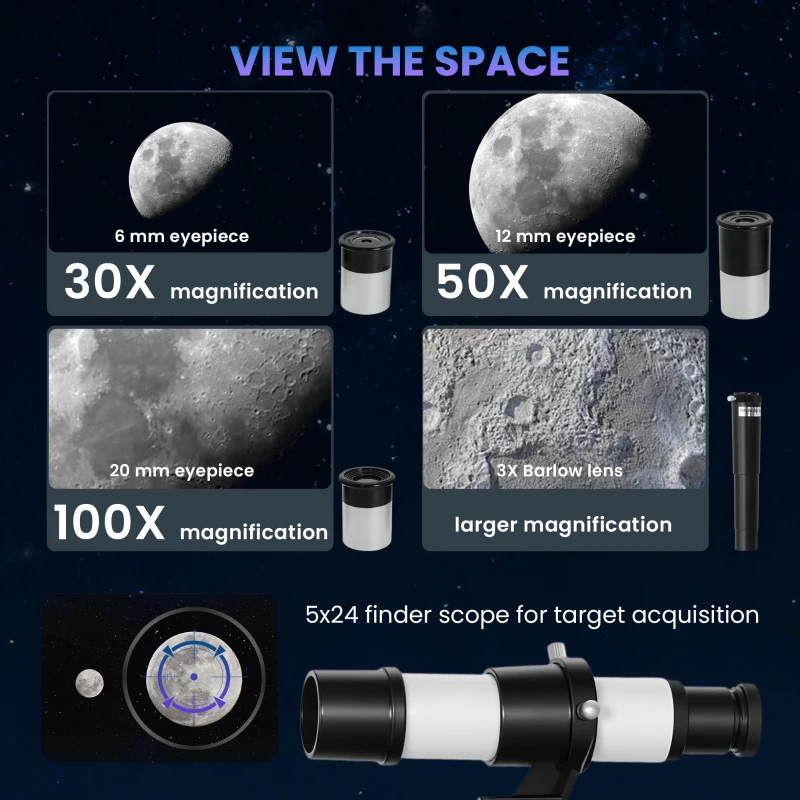 Outsunny 70 mm Aperture Astronomical Refractor Telescope for Adults and Beginners with Barlow Lens Adjustable Tripod White