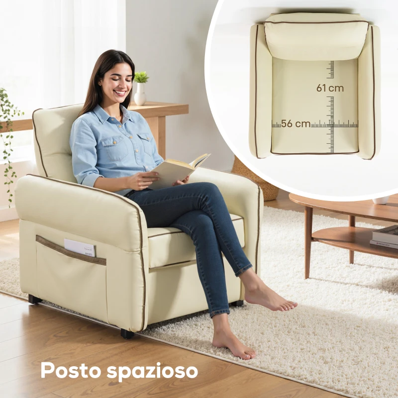 HOMCOM Poltrona da Salotto Moderna con Imbottitura Spessa, Tasca Laterale e Rivestimento in Finta Pelle, Beige