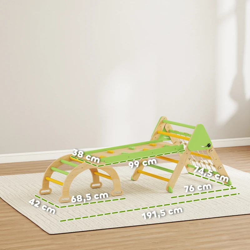 AIYAPLAY 8-in-1 Montessori Klettergerüst Indoor Holz Kletterdreieck mit Kletterbogen, doppelseitiger Rutsche, Grün