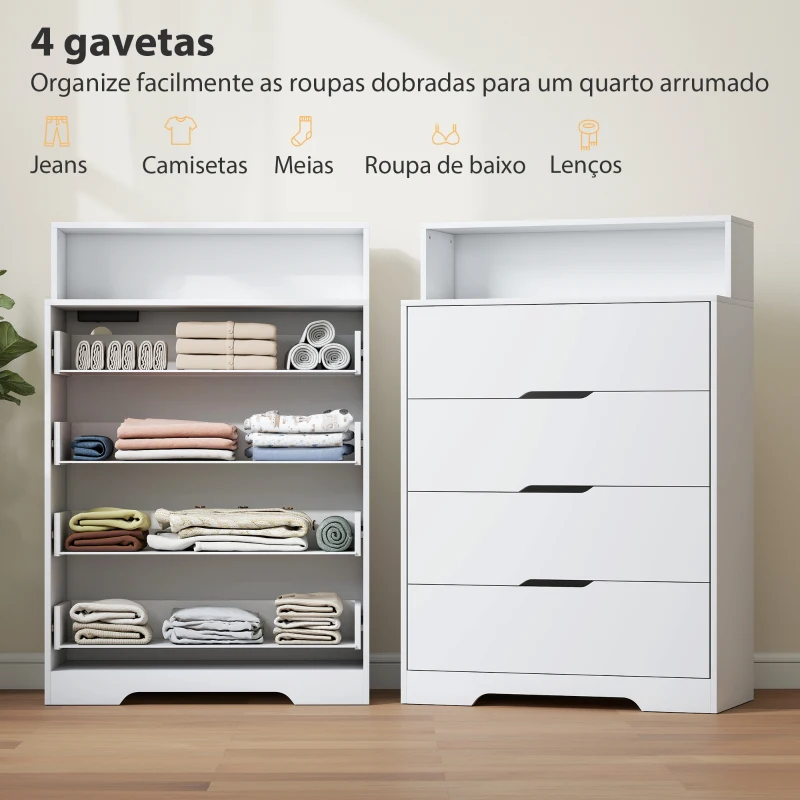 HOMCOM Cómoda com 4 Gavetas e Estação de Carregamento com Porta USB Porta USB-C Prateleira Aberta 80x40x120 cm Branco