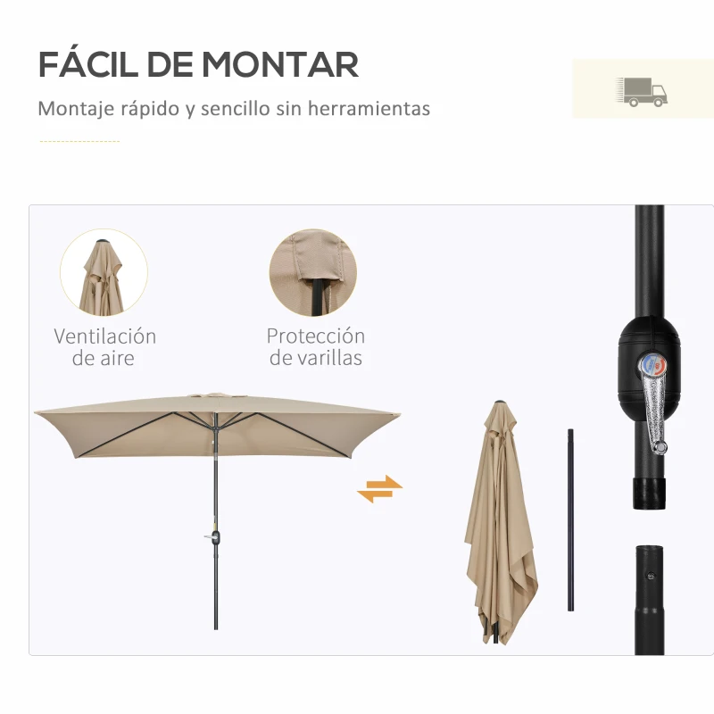 Outsunny Sombrilla de Aluminio 200x300x253 cm Parasol Rectangular de Jardín Inclinable con Manivela y Poste Desmontable Caqui