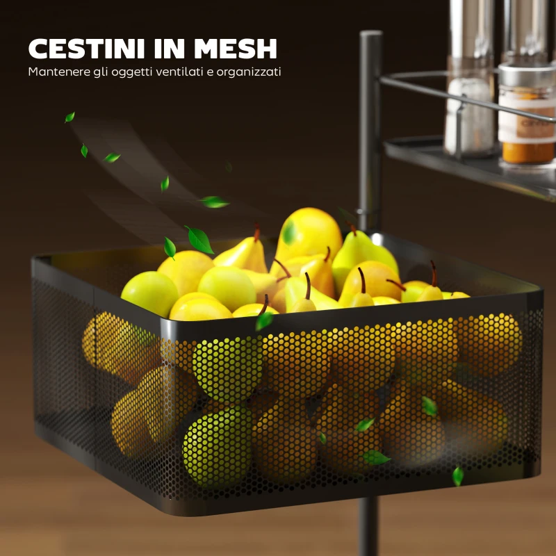 HOMCOM Carrello Cucina a 3 Livelli con Cestini in Metallo Girevoli, Ruote e Freno, 27.5x27.5x62 cm, Nero