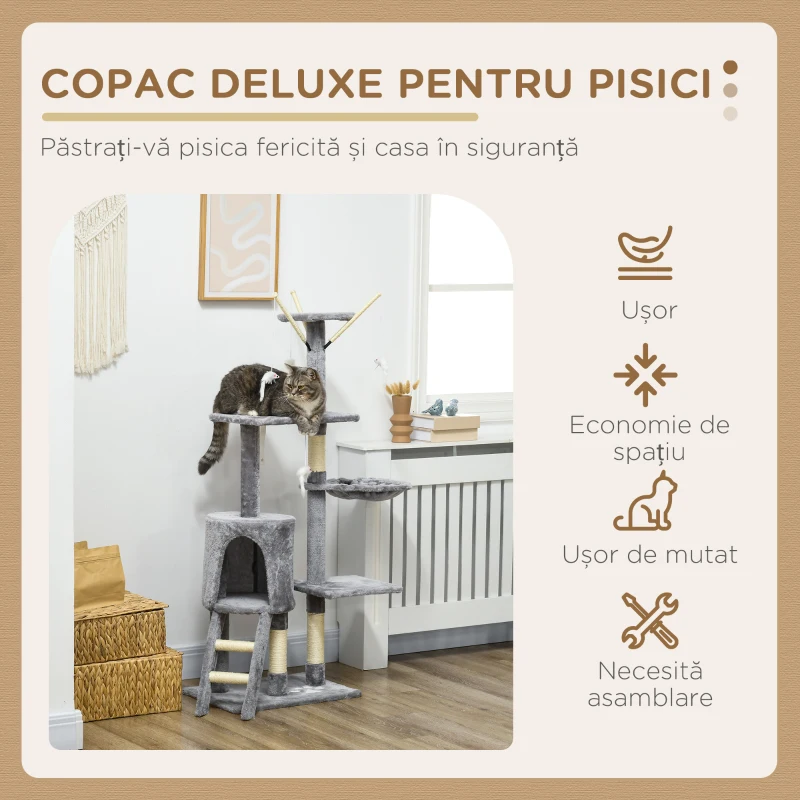 PawHut Ansamblu de joacă pentru pisici cu căsuță, stâlp de ascuțit gheare, platforme și 4 șoricei, 50x35x134.2 cm, gri