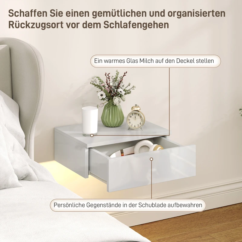 HOMCOM 2er-Set Nachttische, wandmontiertes Design, Schublade, für Schlafzimmer, Spanplatte, Weiß