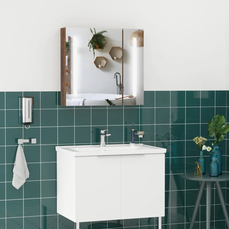 kleankin Armoire murale miroir lumineux LED salle de bain 2 portes avec 3 niveaux 70 x 15 x 65 cm aspect bois