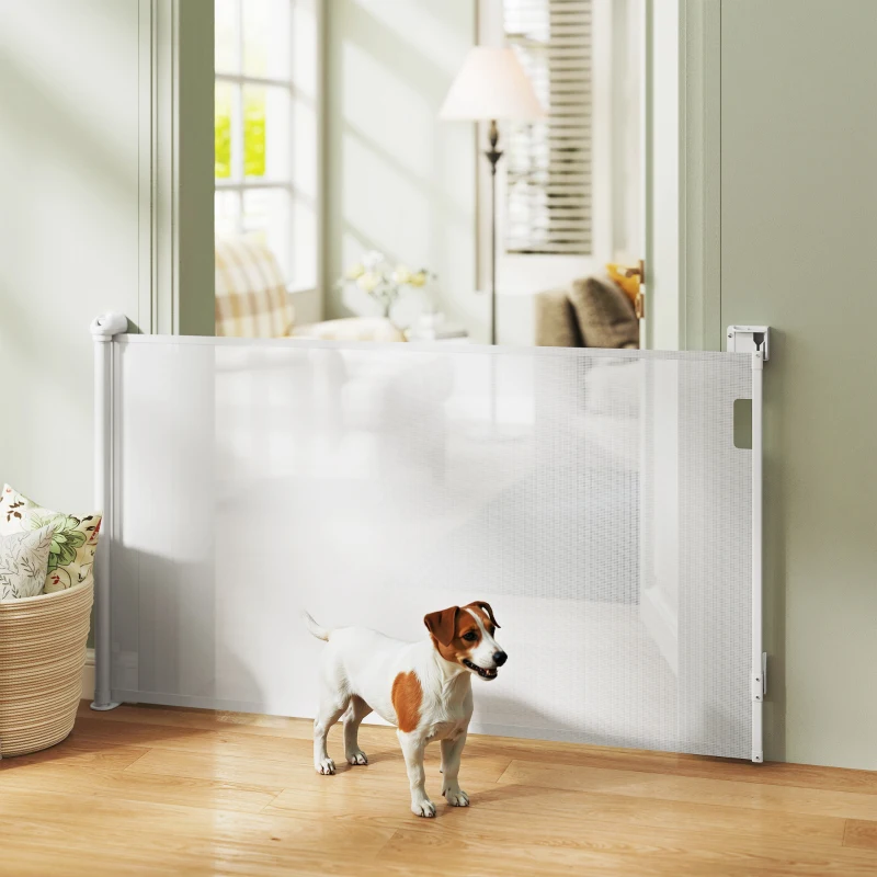 PawHut Barrière rétractable pour chien de 0 à149 cm verrouillage automatique - blanc