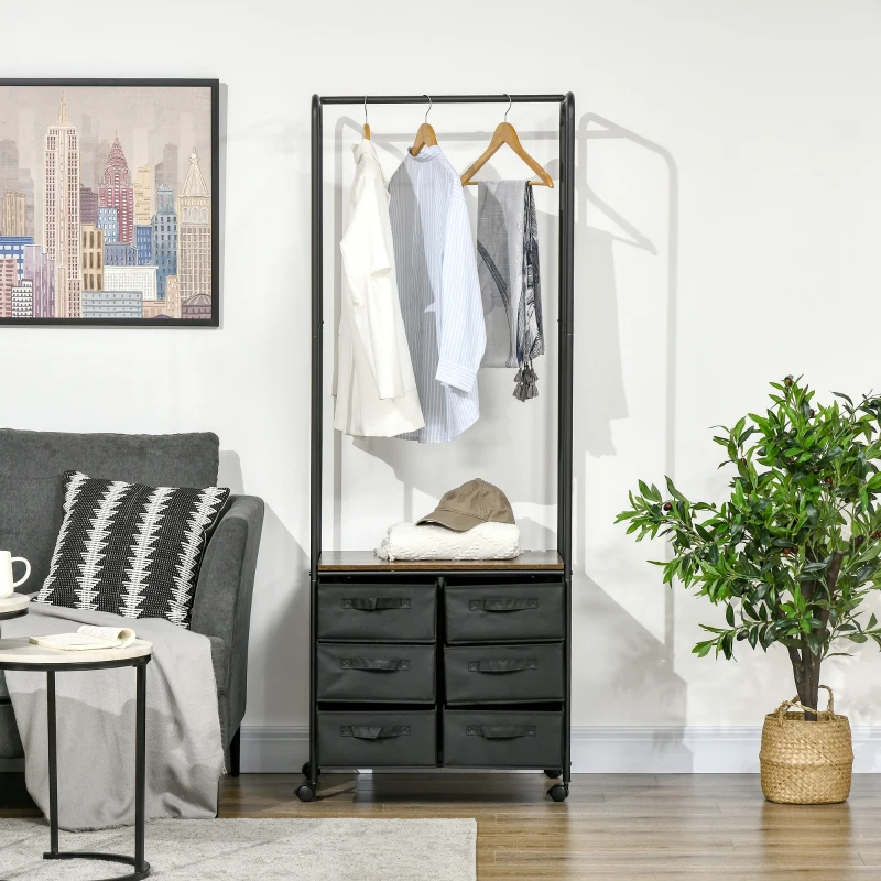 HOMCOM Meuble dressing penderie style industriel avec 6 tiroirs en tissu et 4 roulettes 63,5 x 40 x 172,5 cm noir marron