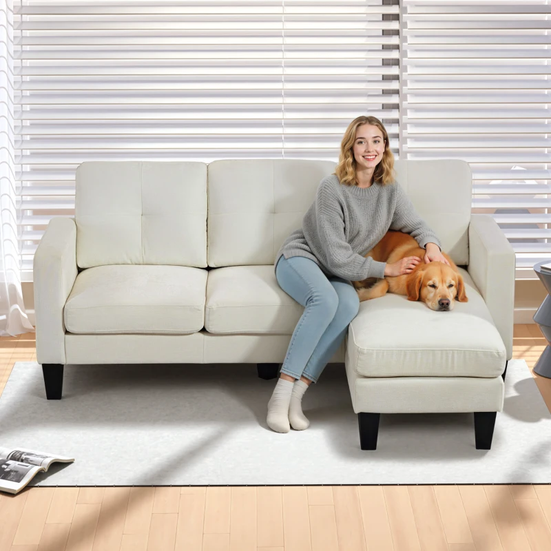 HOMCOM Sofá Chaise Longue Reversible con Estructura de Acero Tapizado en Chenilla 186x130x84cm Crema