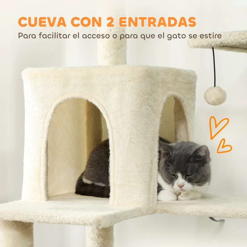 PawHut Árbol Rascador para Gatos con Plataforma Torre Escalador para Gatos con Cama Cuevas Postes de Sisal 60x48x202 cm Beige