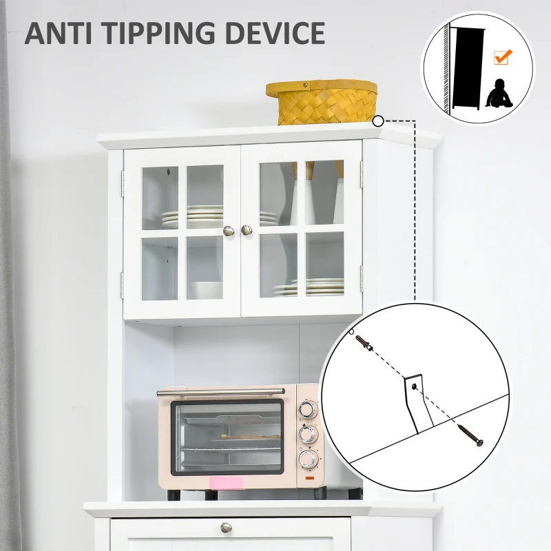 HOMCOM Kitchen Cupboard, Wooden Storage Cabinet with Framed Glass Door, Drawer, Microwave Space for Dining and Living Room, White