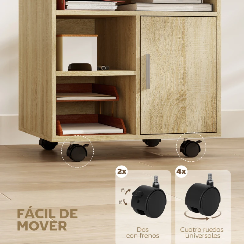 HOMCOM Mueble para Impresora con Ruedas Multifuncional con Estantes con Amplio Espacio de Almacenaje 60x50x65,5 cm Natural