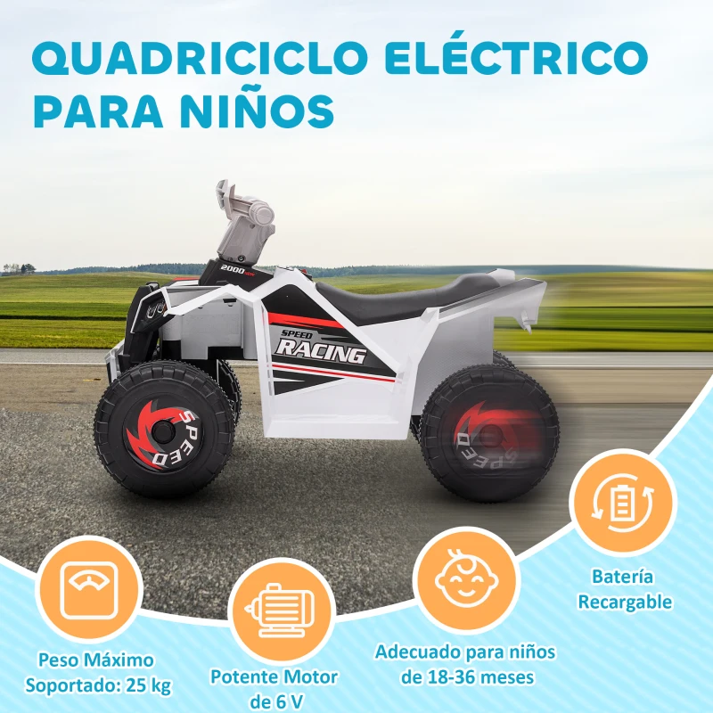 HOMCOM Quad Eléctrico para Niños 6V Quad para Niños de 18-36 Meses con Avance y Retroceso Velocidad de 2,5 km/h Blanco