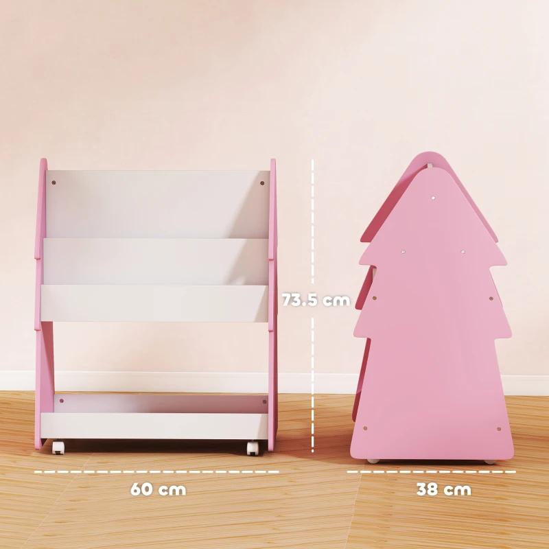 AIYAPLAY Kids Bookshelf with Toy Storage, Double-Sided Bookcase with Wheels, 3 Tier Kids Book Rack for Bedroom, Pink