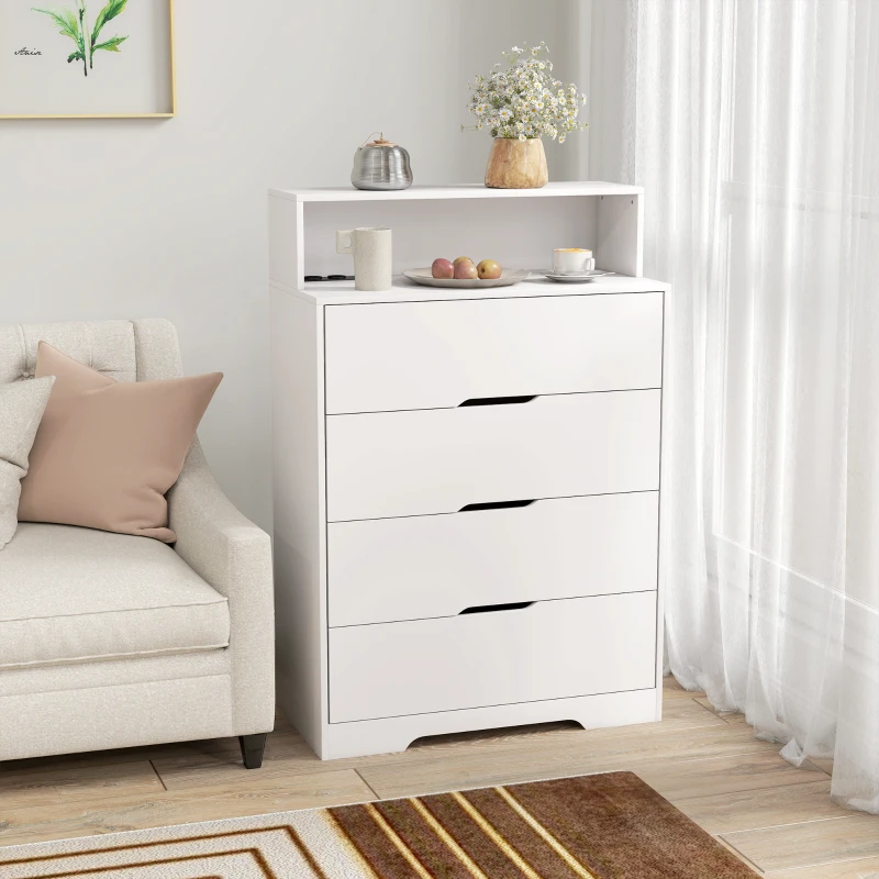 HOMCOM Cómoda para Dormitorio de 4 Cajones con Estación de Carga Puerto USB Puerto USB-C Estante Abierto 80x40x120 cm Blanco