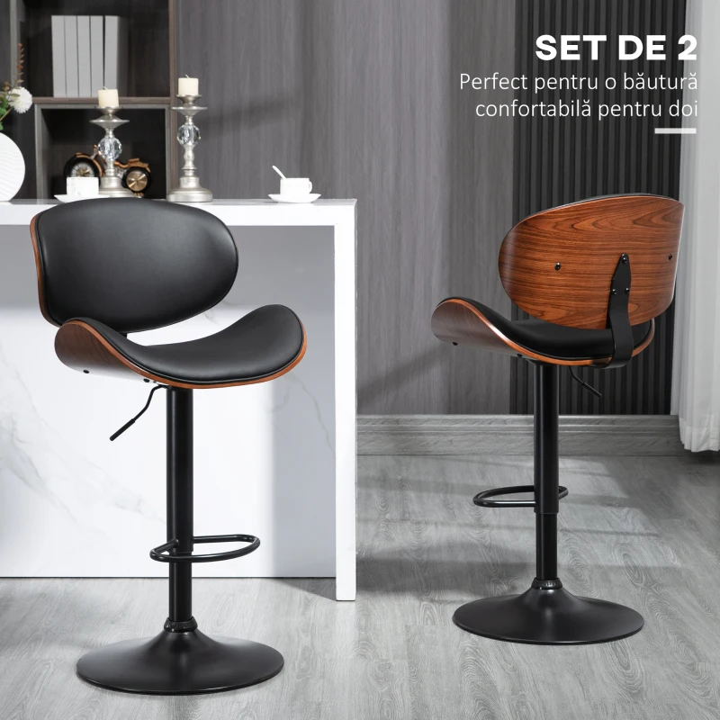 HOMCOM Set de 2 Scaune de Bar cu Spătar Reglabil pe Înălțime, Lemn și Piele Ecologică, 53x52x92-112 cm, Negru