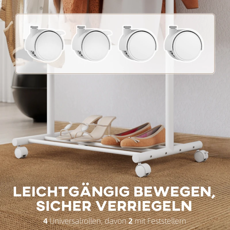 HOMCOM Kleiderständer mit Rolle, mobiler Garderobenständer mit Kleiderstange, 5 Haken, Schuhregal Weiß