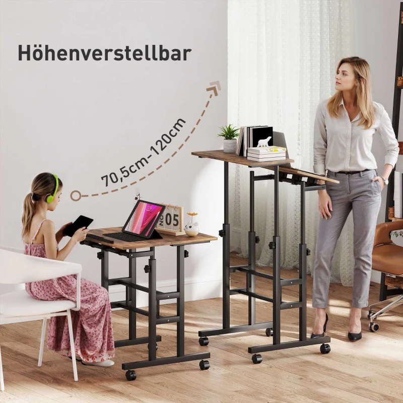 HOMCOM chreibtisch Höhenverstellbar Küchentisch mit Regal, Rollen, Computertisch Rustikal Braun 60 x 60 x 70,5-120 cm