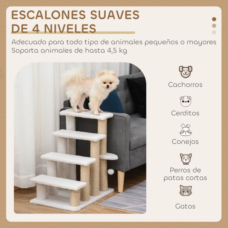 PawHut Escalera para Gatos de 4 Niveles Cubierto de Suave Felpa Poste de Yute Bola Colgante 60x40x64 cm Blanco