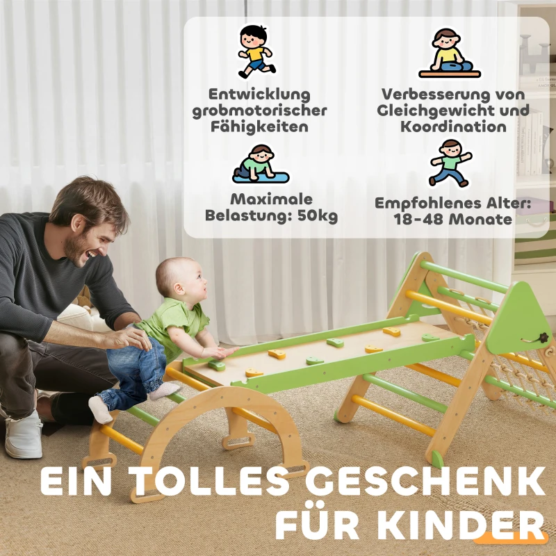 AIYAPLAY 8-in-1 Montessori Klettergerüst Indoor Holz Kletterdreieck mit Kletterbogen, doppelseitiger Rutsche, Grün