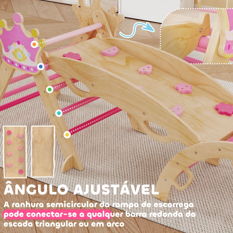 AIYAPLAY Conjunto de Escalada em Madeira para Crianças Tema de Coroa com Arco e Rampa para Deslizar ou Escalar  Rosa