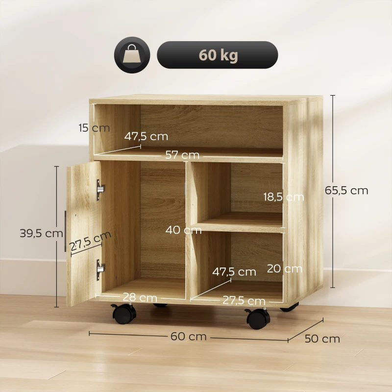 HOMCOM Mueble para Impresora con Ruedas Multifuncional con Estantes con Amplio Espacio de Almacenaje 60x50x65,5 cm Natural
