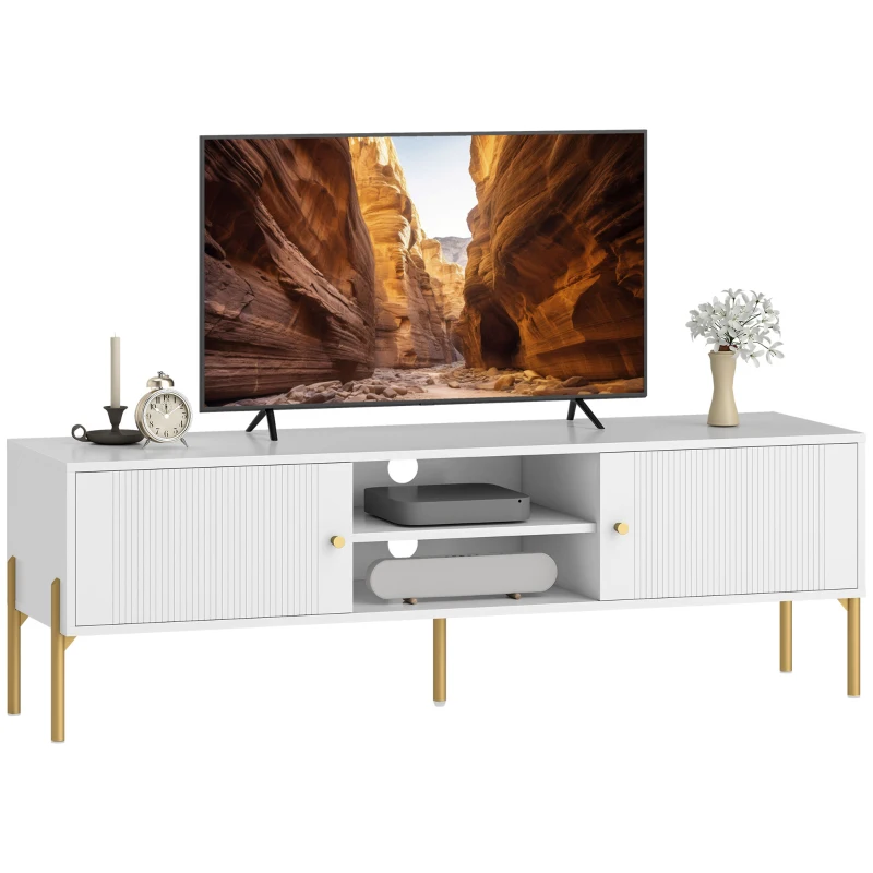 HOMCOM Meuble TV, meuble télé jusqu'à 65 pouces avec 2 portes, 2 compartiments ouverts, pieds en acier, 140x38x45,9cm, blanc