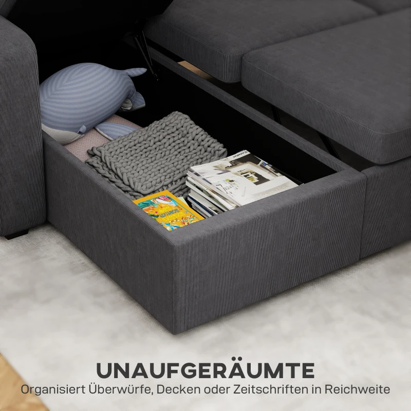 HOMCOM Verstellbares Bettsofa, L-förmiges Gästesofa mit Bettfunktion, Stauraum, Kissen, für Wohnzimmer, Gästezimmer, Dunkelgrau