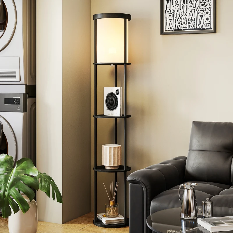 HOMCOM Stehlampe mit 3 Regalen, rundes Design, Fernbedienung, Fußschalter, verstellbare Lichtwärme, für Wohnzimmer, Schwarz