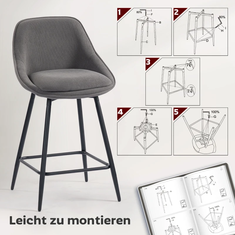 HOMCOM 2er-Set Barstühle mit Cordbezug und Stahlbeinen, Polsterstühle für Kücheninsel, Esszimmer, Grau