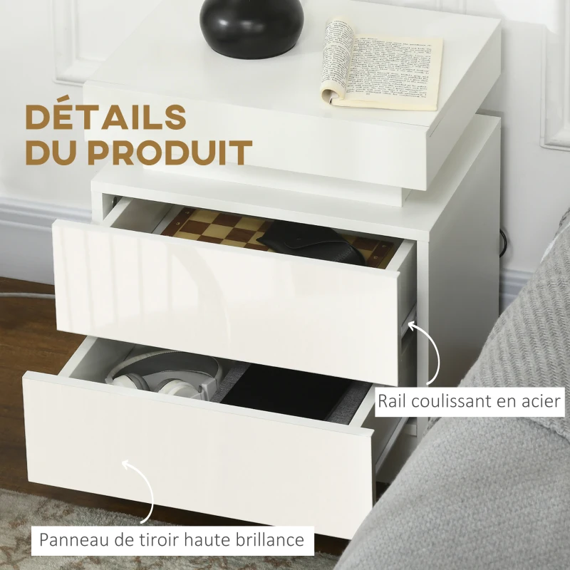 HOMCOM Table de chevet table de nuit lumière LED RVB panneau haute brillance avec 2 tiroirs pour salon chambre à coucher blanc