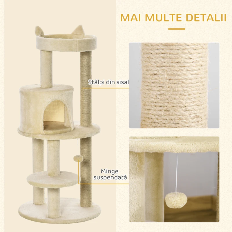 PawHut Ansamblu de Joacă pentru pisici adulte cu căsuță spațioasă și platformă, 104 cm, Crem