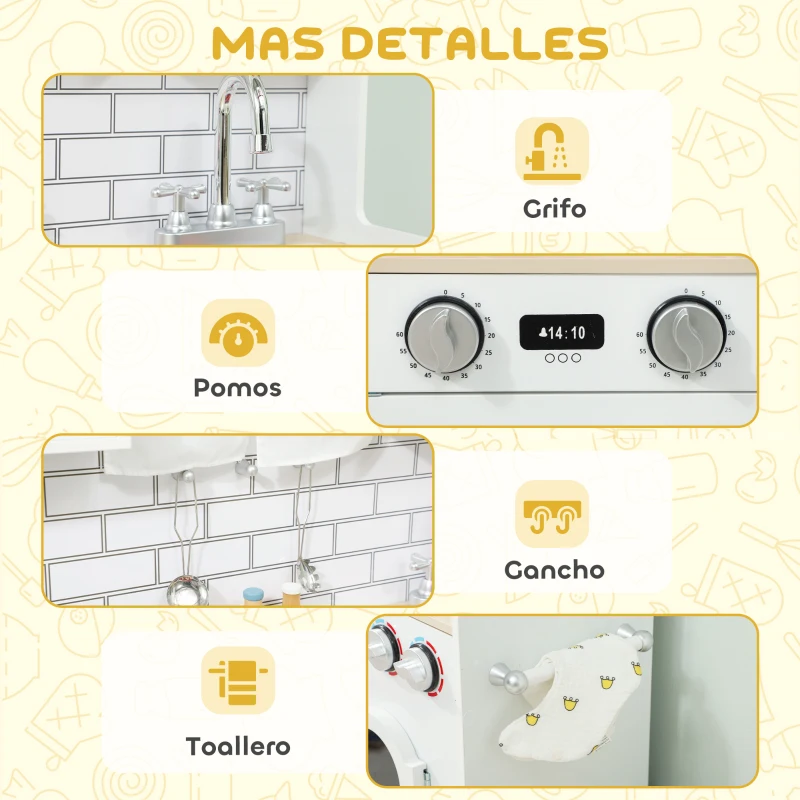AIYAPLAY Cocina de Juguete de Madera con Sonido y Cortinas Accesorios de Acero Inoxidable para Niños a Partir de 3 Años Blanco