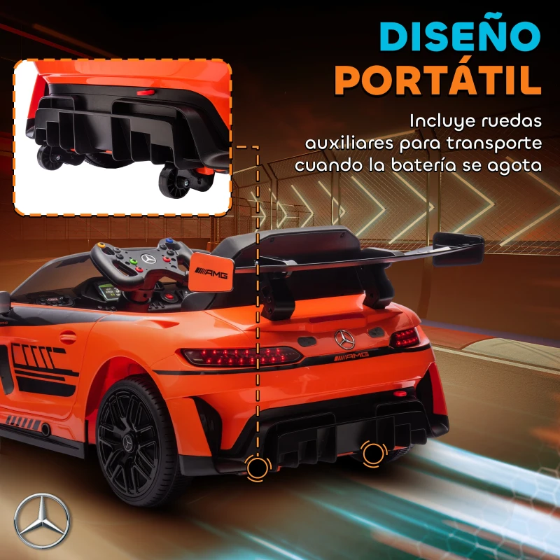 AIYAPLAY Coche Eléctrico para Niños Mercedes-AMG GT3 Evo con Mando a Distancia Motor Doble Ruedas Auxiliares Asa Música Naranja