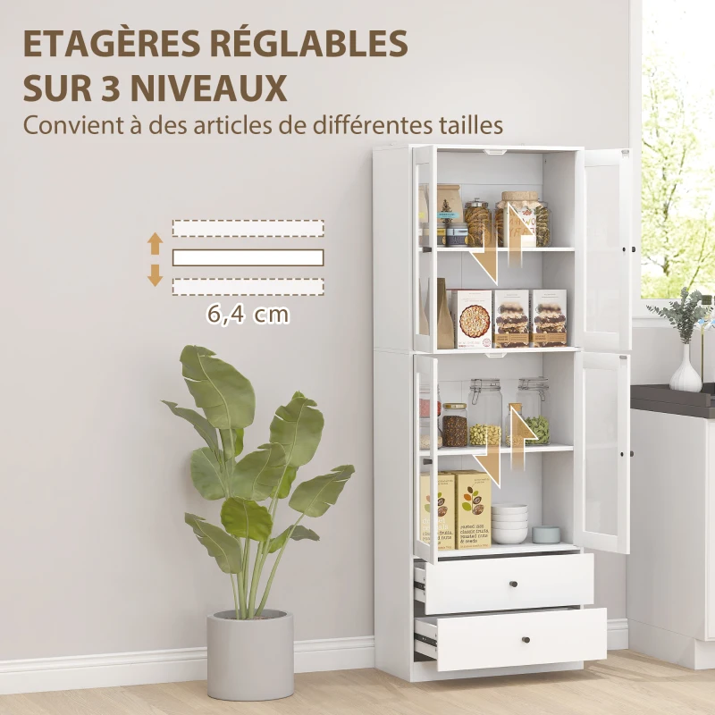 HOMCOM Buffet haut cuisine, armoire de cuisine avec portes vitrées, tiroirs et étagères réglables, 59x30x170cm, blanc brillant(m-5)