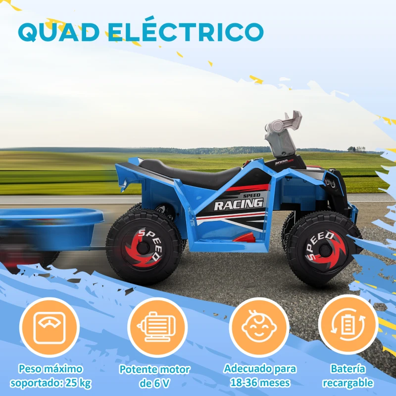 HOMCOM Quad Eléctrico para Niños con Remolque 6V Quad para Niños de 18-36 Meses con Velocidad 2,5 km/h 6 Ruedas Azul