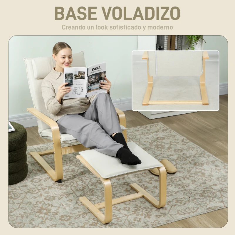 HOMCOM Sillón con Reposapiés Sillón Lectura con Respaldo Alto Reposacabezas Extraíble Patas de Madera y Tapizado en Lino Crema