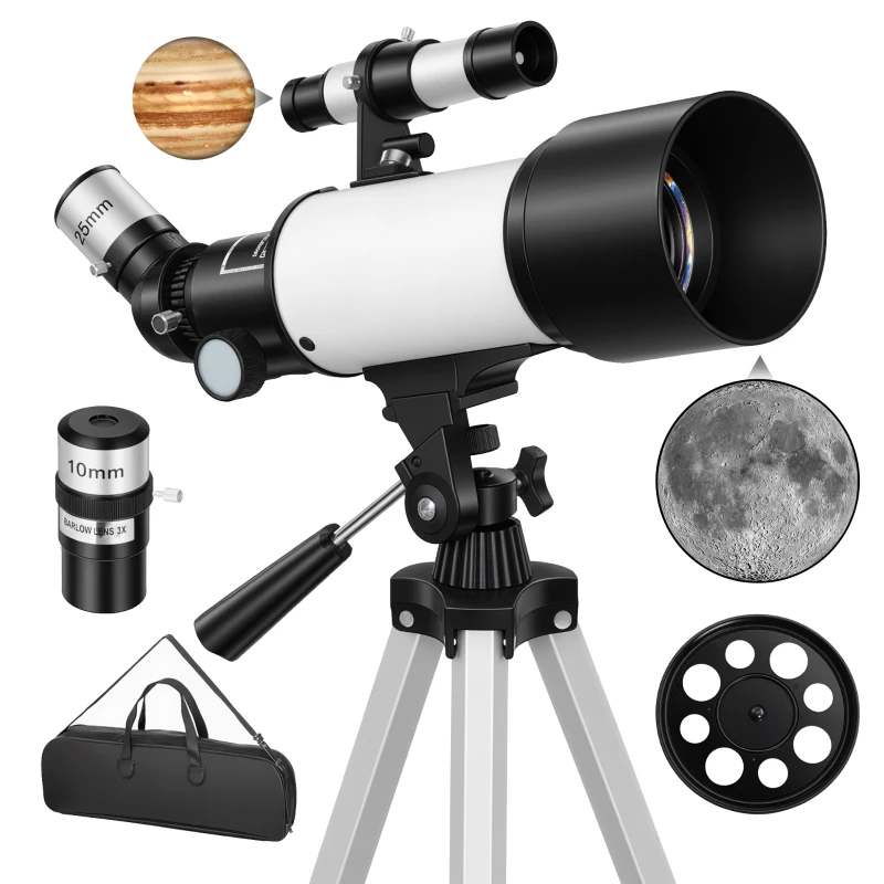Outsunny 70mm Refractor Telescope – 40x/16x, Adjustable Tripod, White