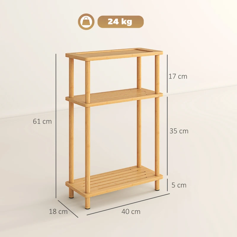HOMCOM Bamboo Side Table, 3-Tier Slim End Table, Nordic Style, for Living Room, Bedroom, Office, Tool-Free Assembly, Natural Wood Finish