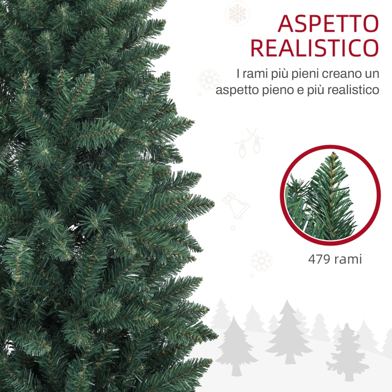 HOMCOM Albero di Natale Artificiale 182.88cm con 479 Rami, Design Alto e Stretto con Base Pieghevole, Verde