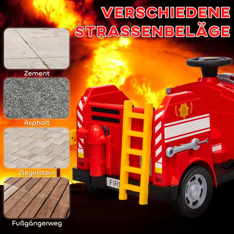 AIYAPLAY Feuerwehrauto, Elektro-Kinderauto, max. 3 km/h, Sirene, Blaulicht, Werkzeuge, für Kinder 3-5 Jahre