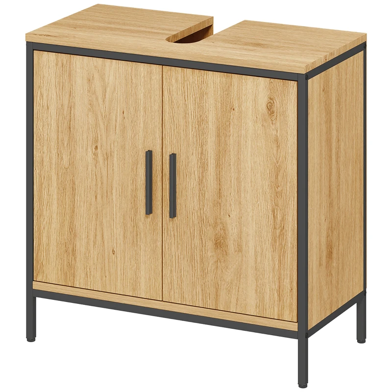 HOMCOM Waschbeckenunterschrank Badezimmer Unterschrank mit 2 Türen, einstellbarem Regal Badezimmerschrank mit Stahlrahmen, für Waschbecken ohne Sockel, Eiche, 60x30x60 cm