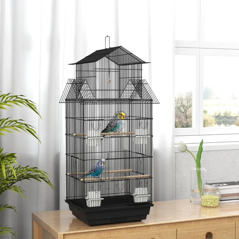 PawHut Cage à oiseaux volière avec balançoire poignée portable 4 mangeoires 3 perchoirs 50,5 x 41 x 104 cm en acier noir