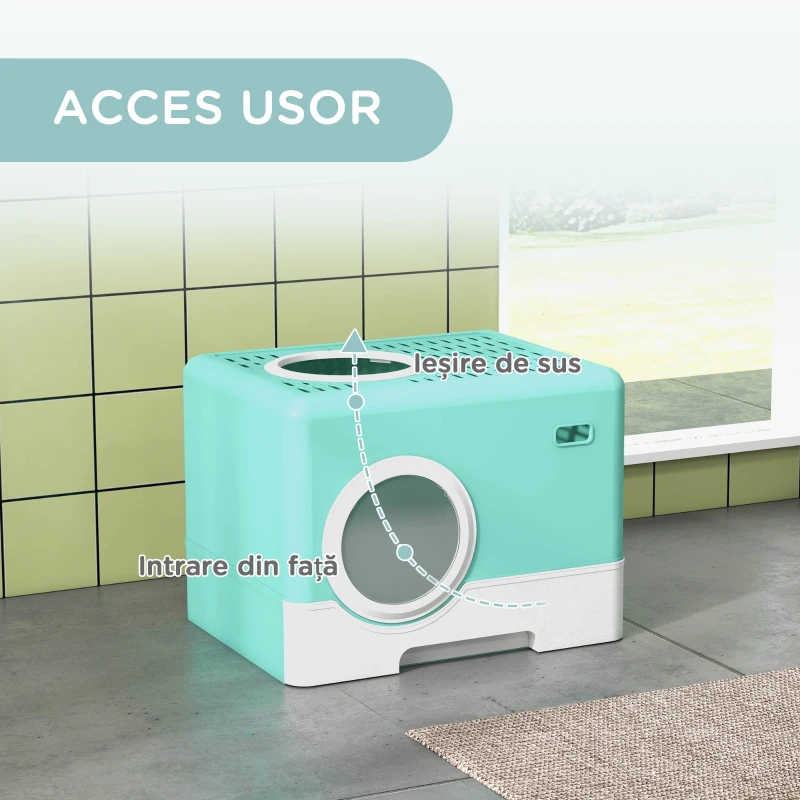 PawHut Litieră pentru Pisici cu Capac și Lopățică, Intrare Dublă și Tavă Detașabilă, 52x41x38.5 cm, Verde