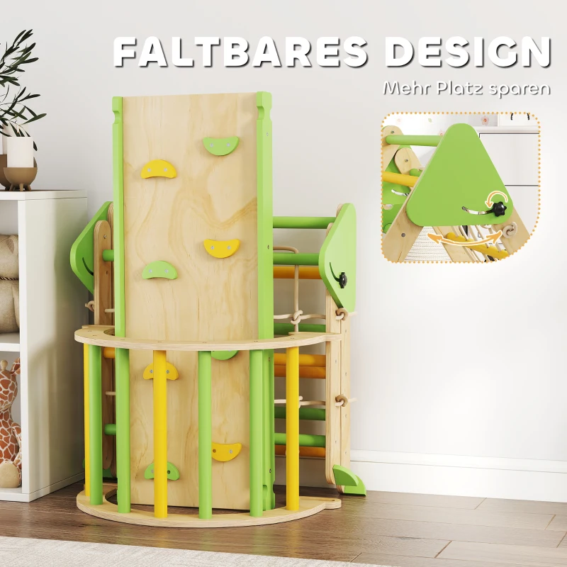 AIYAPLAY 8-in-1 Montessori Klettergerüst Indoor Holz Kletterdreieck mit Kletterbogen, doppelseitiger Rutsche, Grün