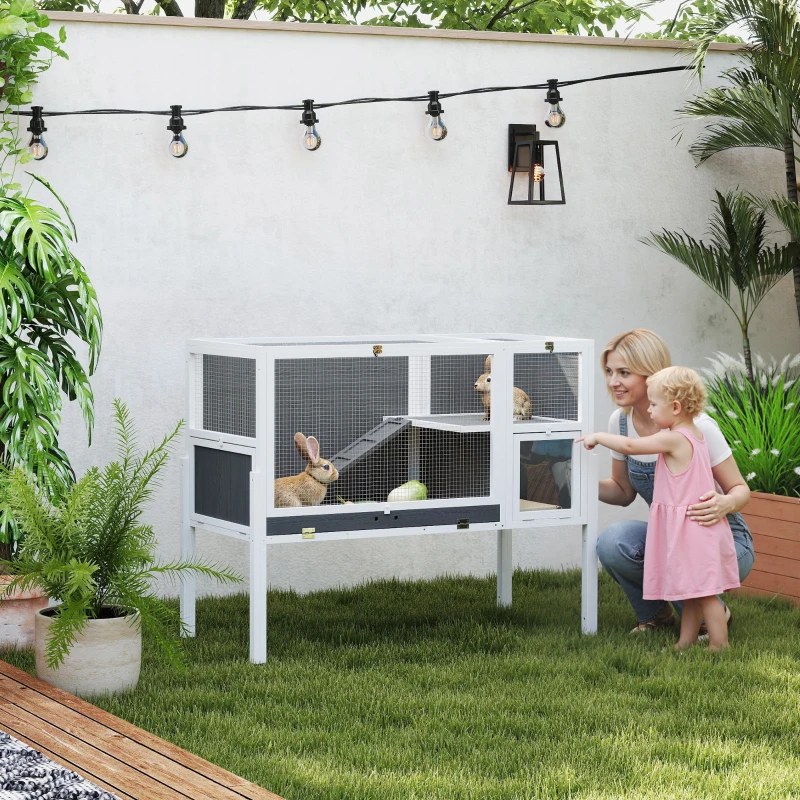 PawHut Cage pour lapins et hamsters d'intérieur surélevée avec plateau extractible et toit ouvrant, Gris