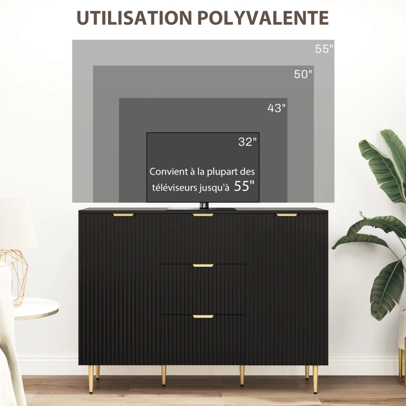 HOMCOM Buffet meuble cuisine rangement avec 3 tiroirs, étagères réglables, placards à portes cannelées, 120 x 40 x 90 cm, noir