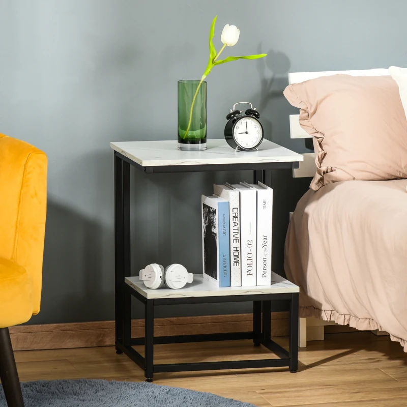 HOMCOM Table basse moderne salon table d'appoint chambre structure acier noir plateau étagère aspect marbre blanc