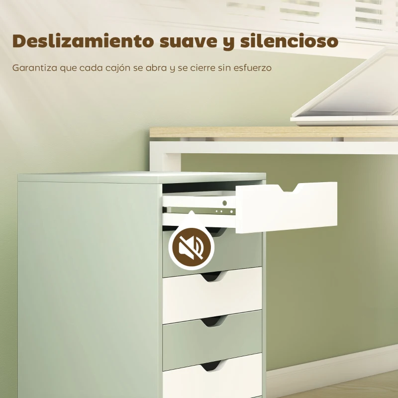 HOMCOM Cajonera Escritorio Archivador Móvil con 6 Cajones Ruedas Guías Deslizantes Silenciosas para Oficina Casa Verde