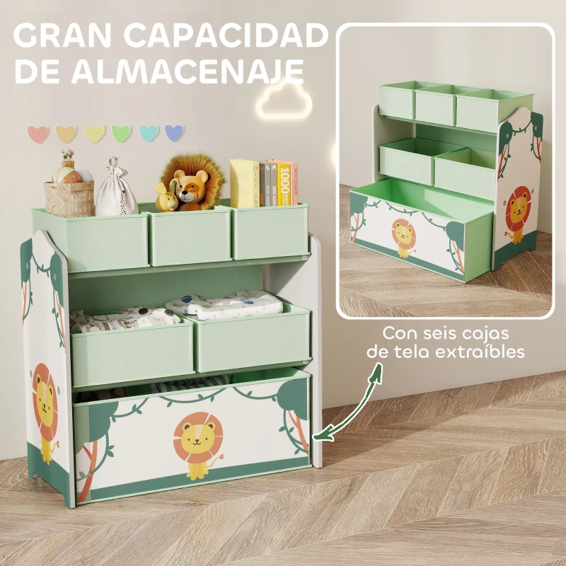 AIYAPLAY Estantería Infantil para Juguetes de 3 Niveles con 6 Cajas Extraíbles de Tela no Tejida para Guardería 63x30x66 cm Verde