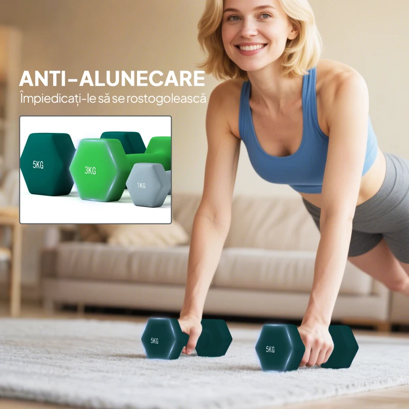 SPORTNOW Set de greutăți hexagonale, greutate totală de 18 kg, cu suport inclus, din oțel, metal și plastic, multicolor